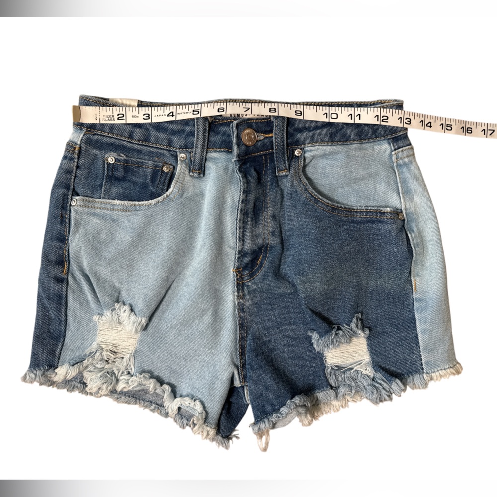 Almost Famous Mom Jean Shorts Womens 1 Blue two toned Cut Off Distressed Denim - Picture 6 of 9